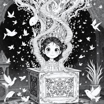 The primary subject of the image is a little girl sitting inside a box. The setting is a dark room with a tree in the background. The visual style is a black and white illustration, giving the image a classic and timeless feel. The colors and mood are predominantly dark, with the girl's eyes being the only bright spot in the scene.